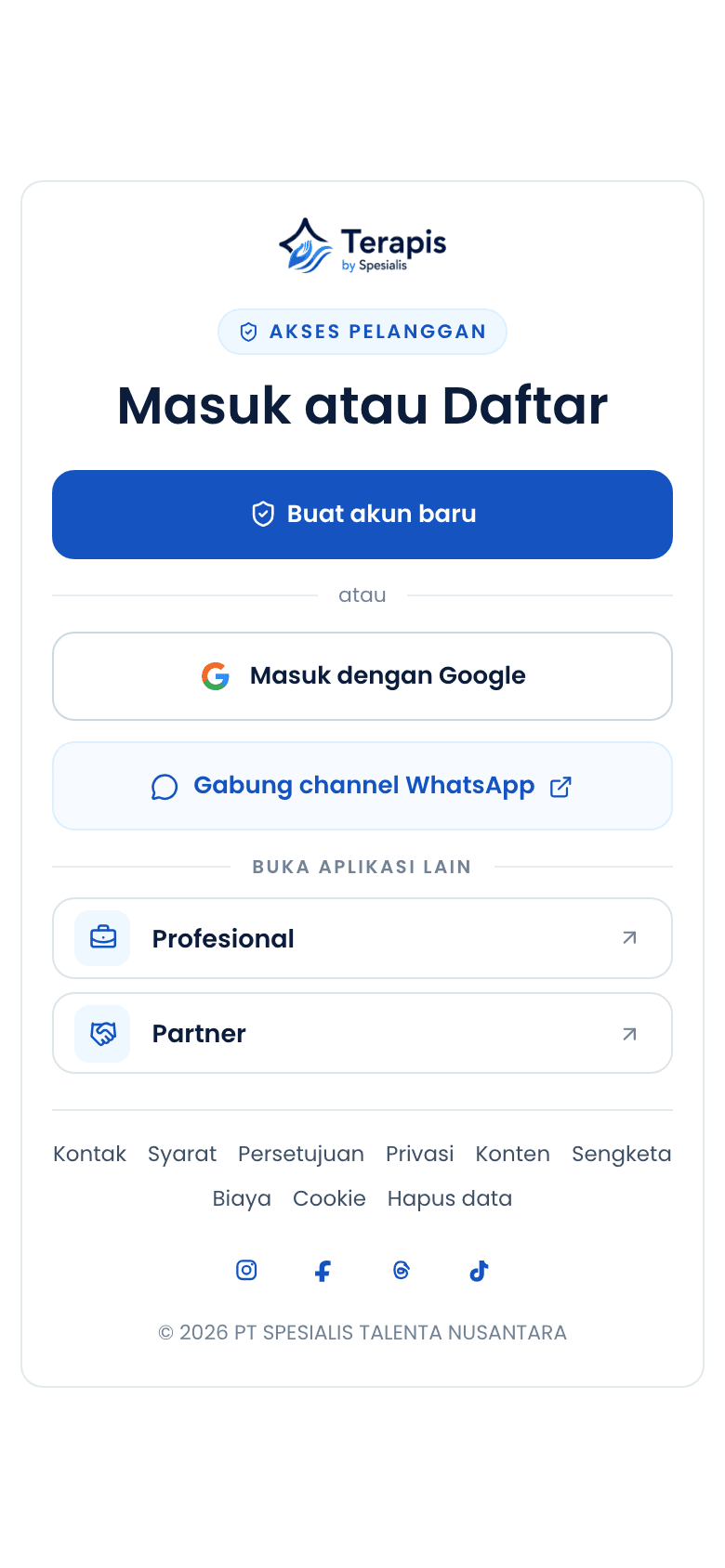Halaman masuk Terapis by Spesialis
