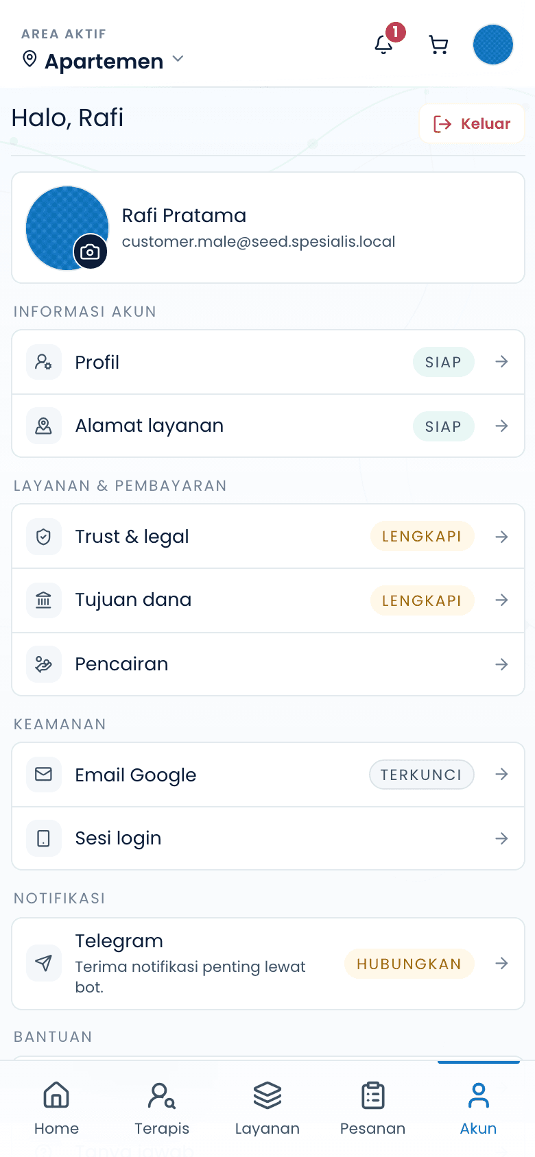Halaman akun dengan menu pengaturan