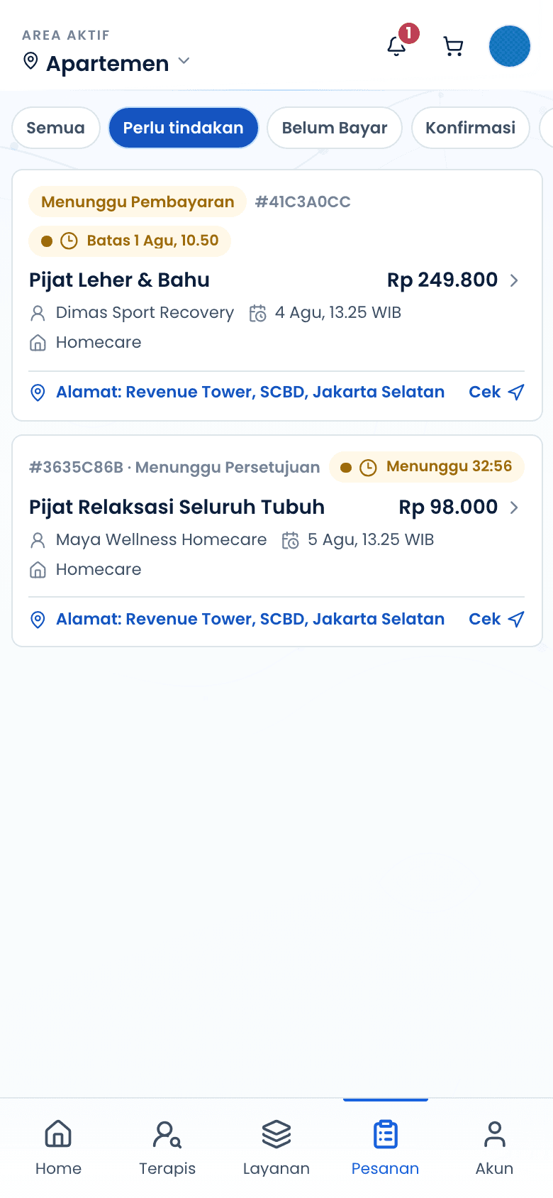 Daftar pesanan dengan berbagai status