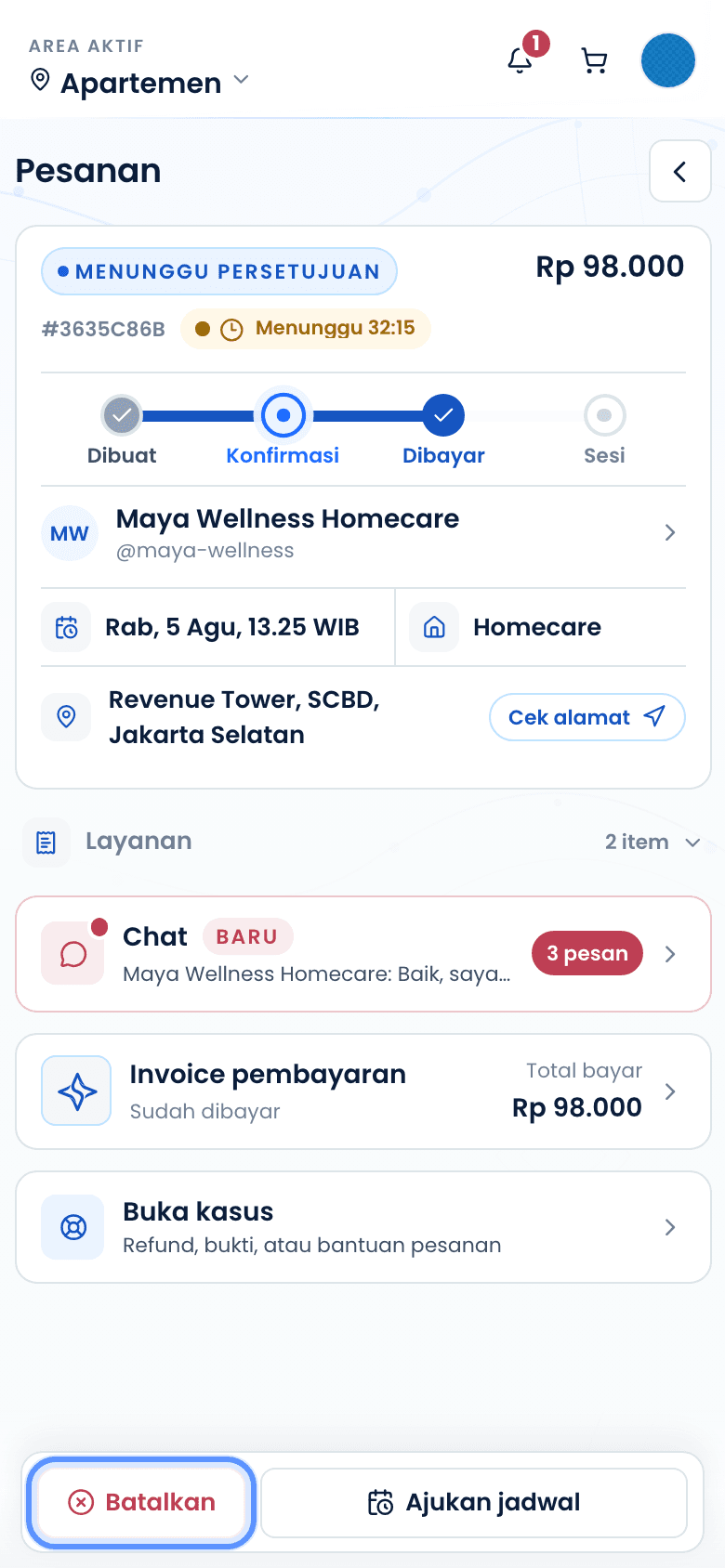 Detail pesanan dengan tombol batalkan
