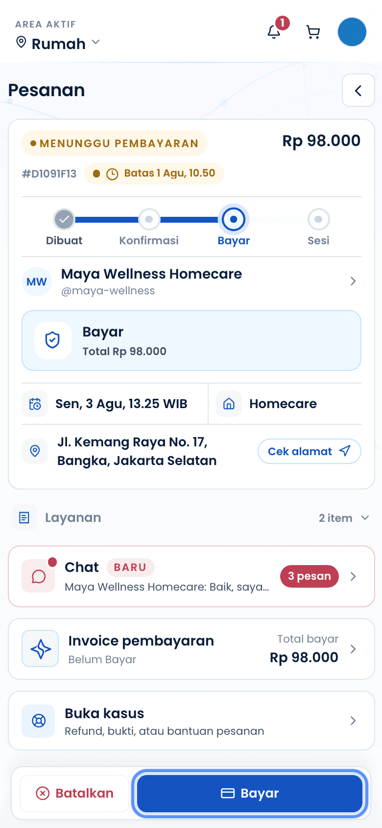 Detail pesanan menunggu pembayaran dengan tombol bayar