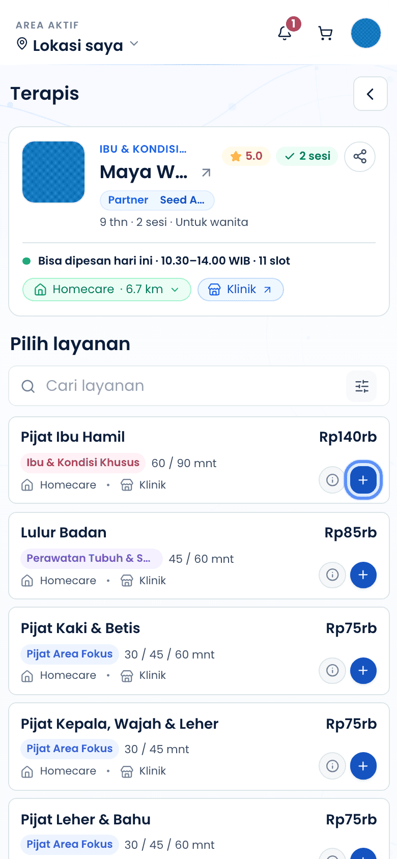 Tombol pilih pada kartu layanan di profil terapis