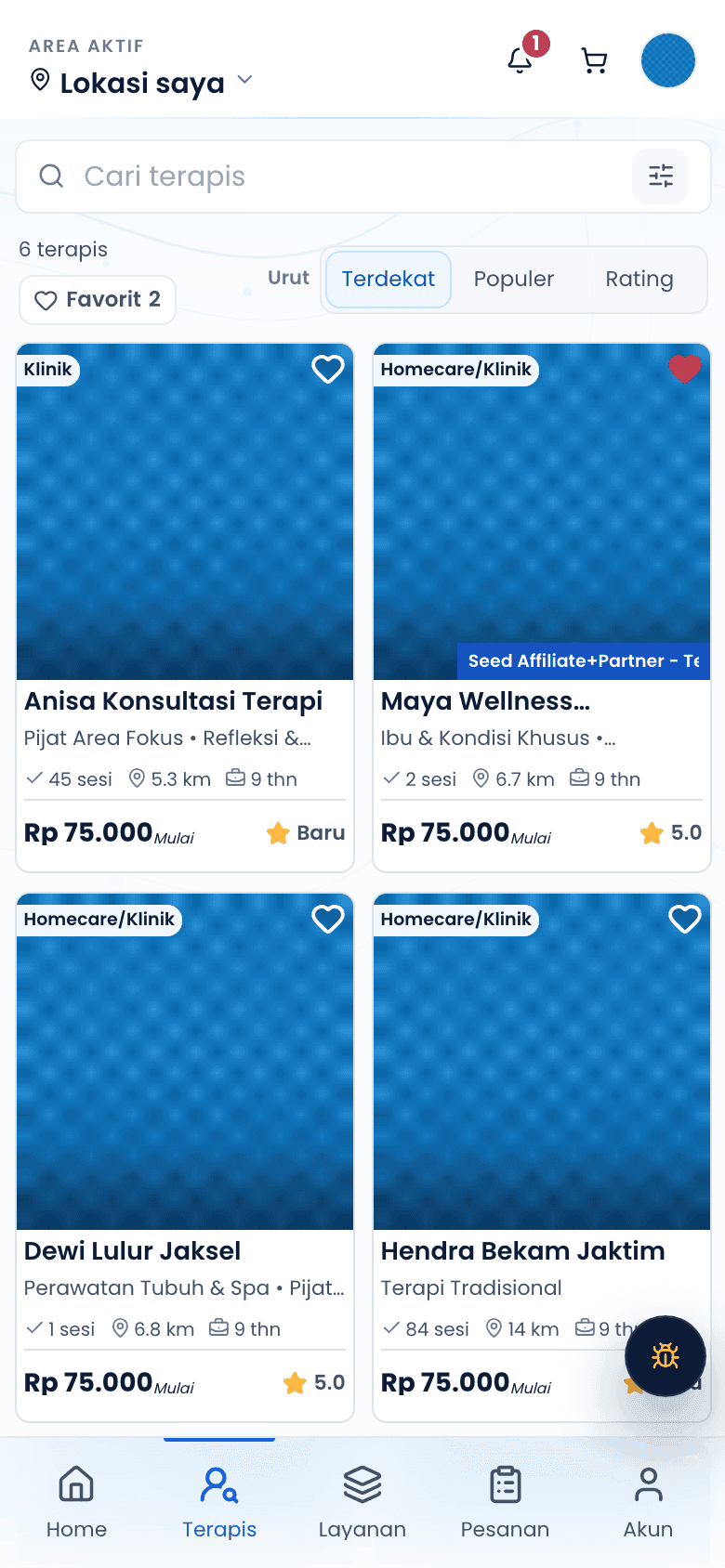Daftar terapis di sekitar lokasi pada aplikasi Terapis by Spesialis