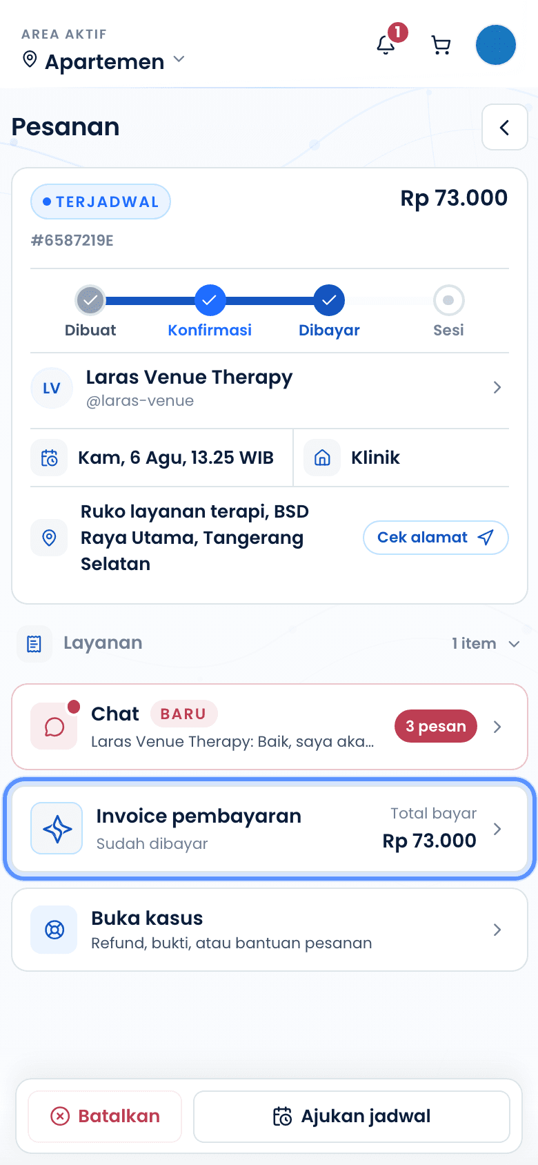 Detail pesanan dengan tautan invoice