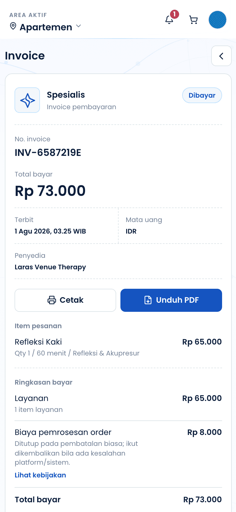 Halaman invoice pesanan