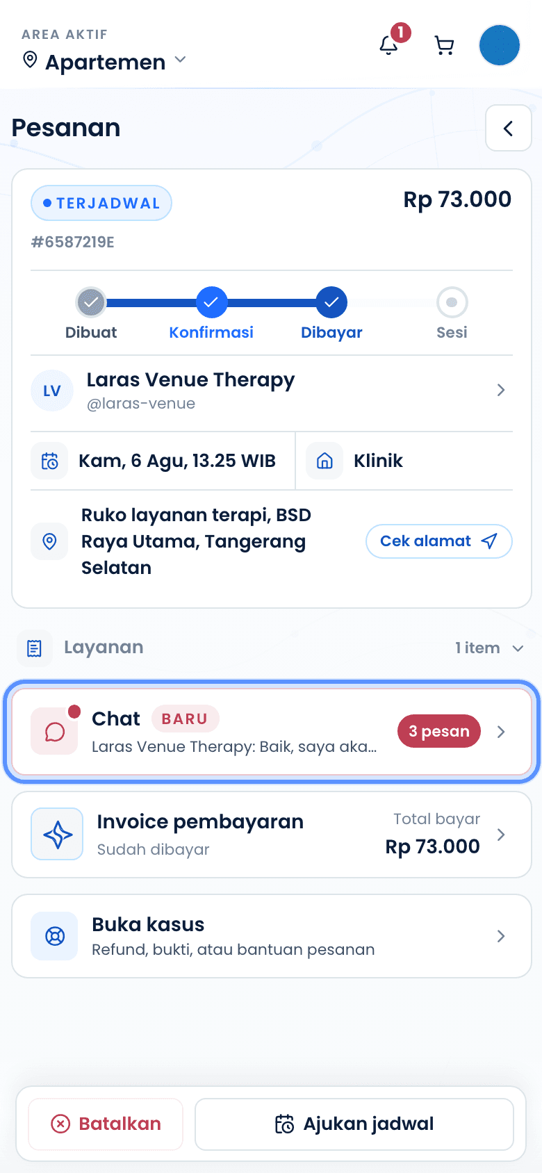 Detail pesanan dengan tombol chat