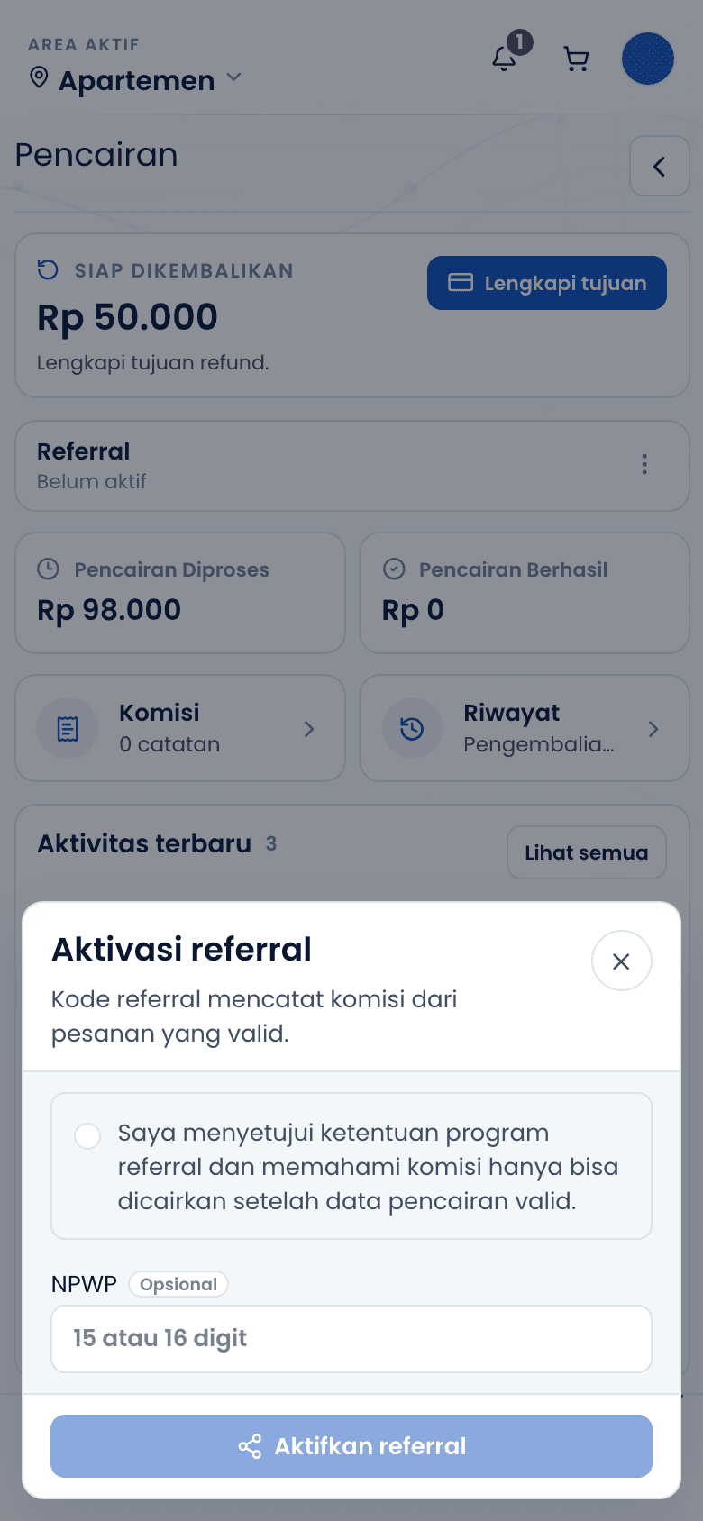 Formulir aktivasi kode referral