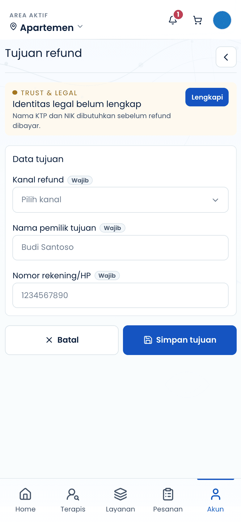 Halaman tujuan refund dan pencairan