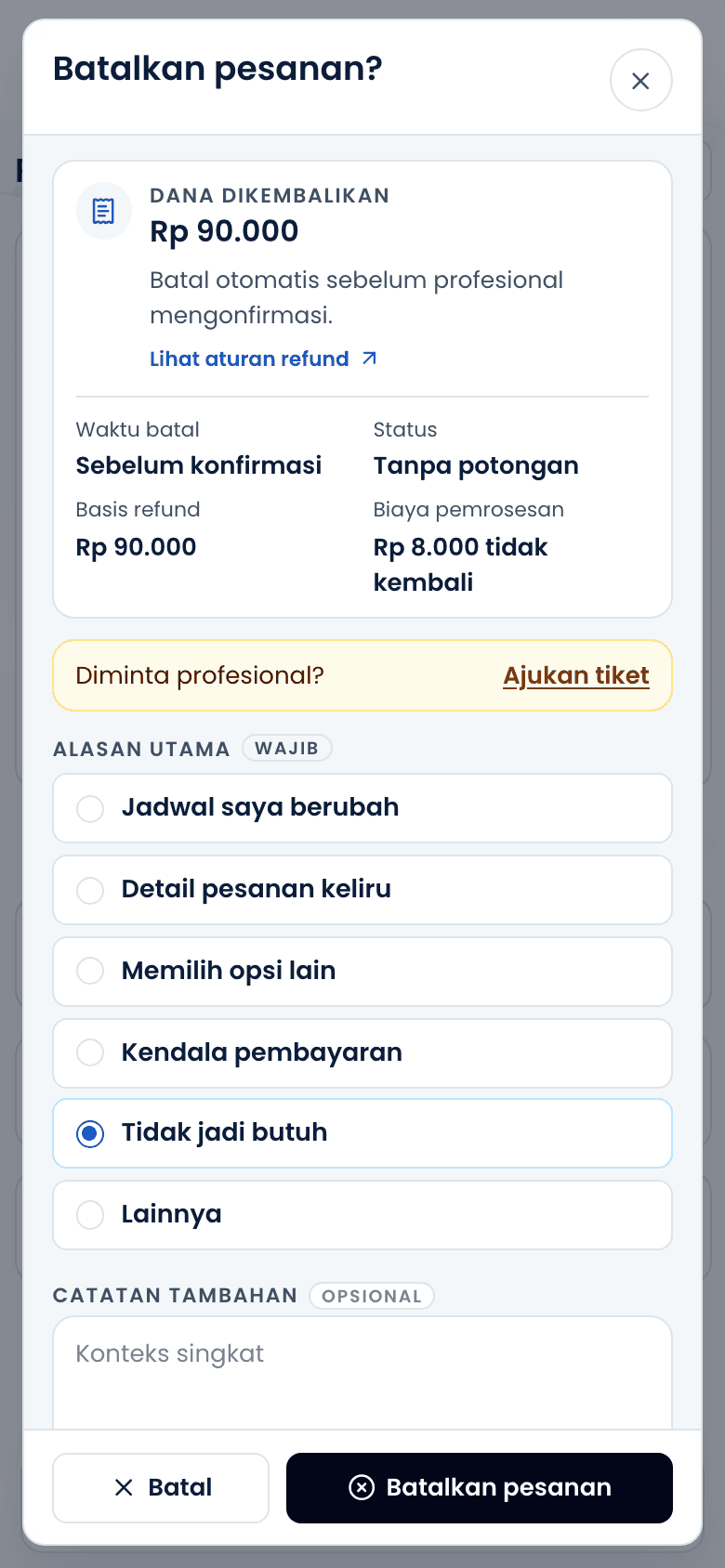 Dialog pembatalan dengan pilihan alasan