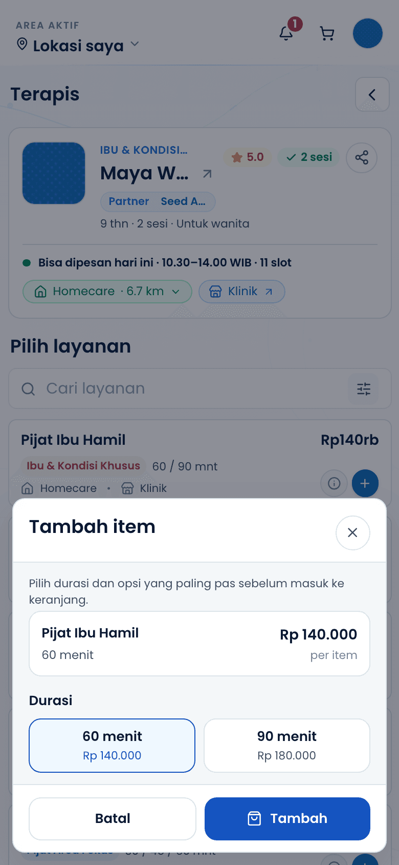 Dialog pengaturan durasi dan jumlah layanan