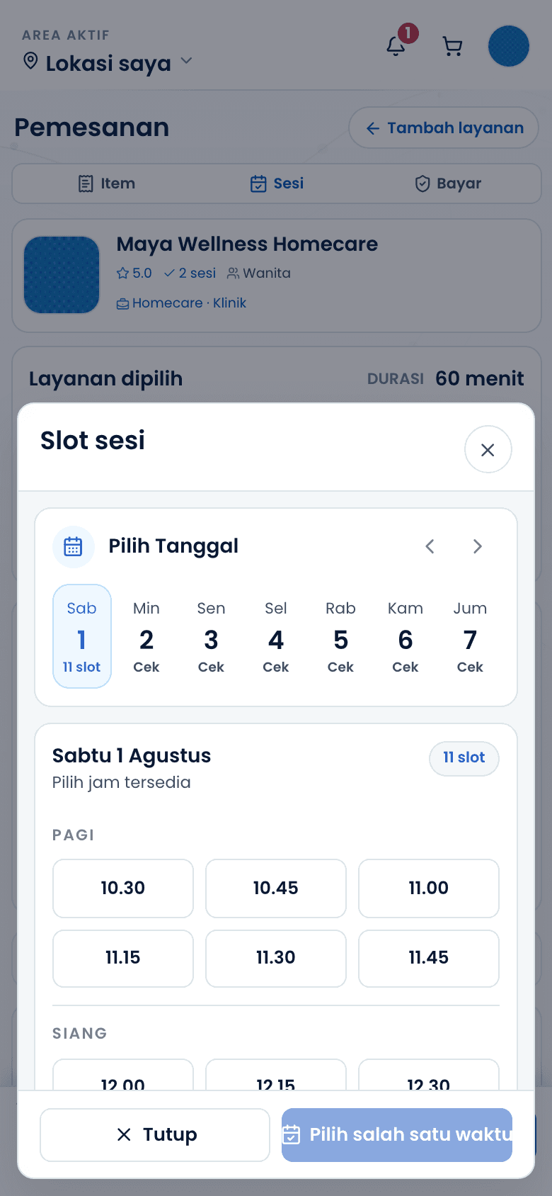 Pemilih jadwal dengan tanggal dan jam tersedia